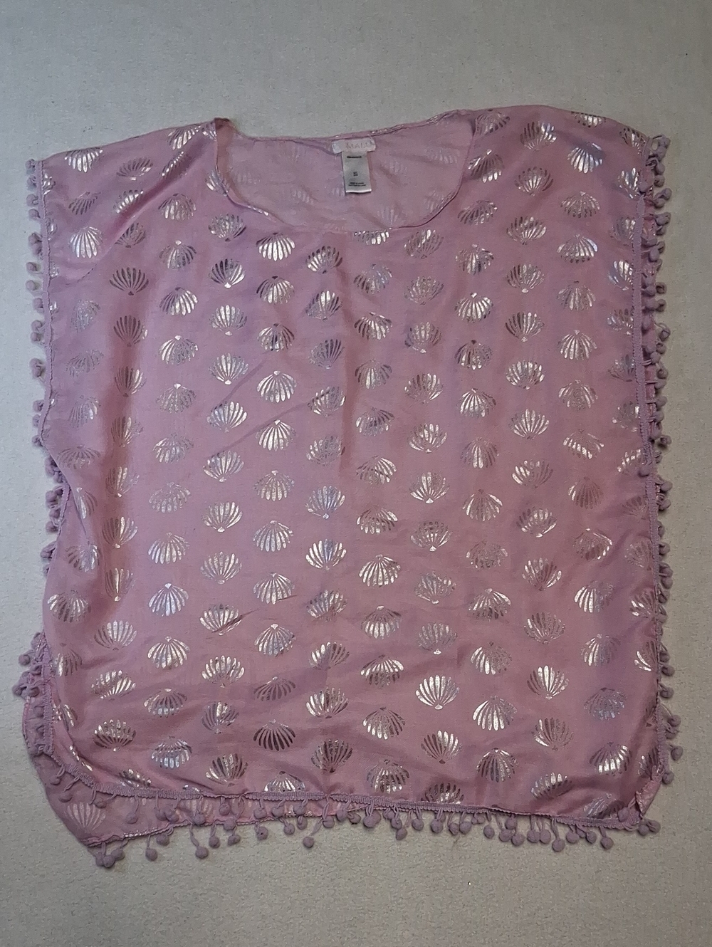 4/20$ Women's Pink Metallic Shell-Print Pom Pom Blouse